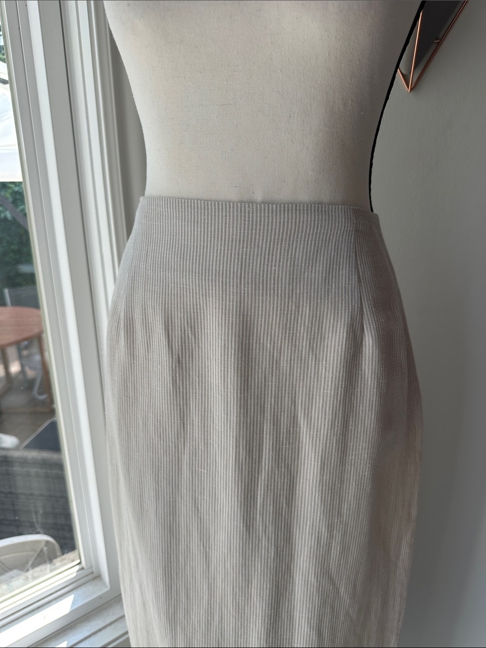 VINTAGE 90s LINEN Classic Cream White Tan Beige Striped Midi Pencil Skirt Medium - Picture 2 of 13